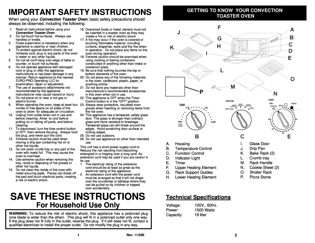 Euro-Pro EP278 For Household Use Only, Save These Instructions, Important Safety Instructions, Technical Specifications 