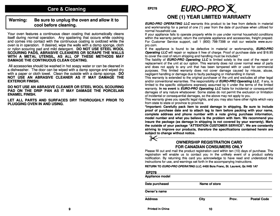 Euro-Pro EP278 Care & Cleaning, ONE 1 YEAR LIMITED WARRANTY, Ownership Registration Card For Canadian Consumers Only 