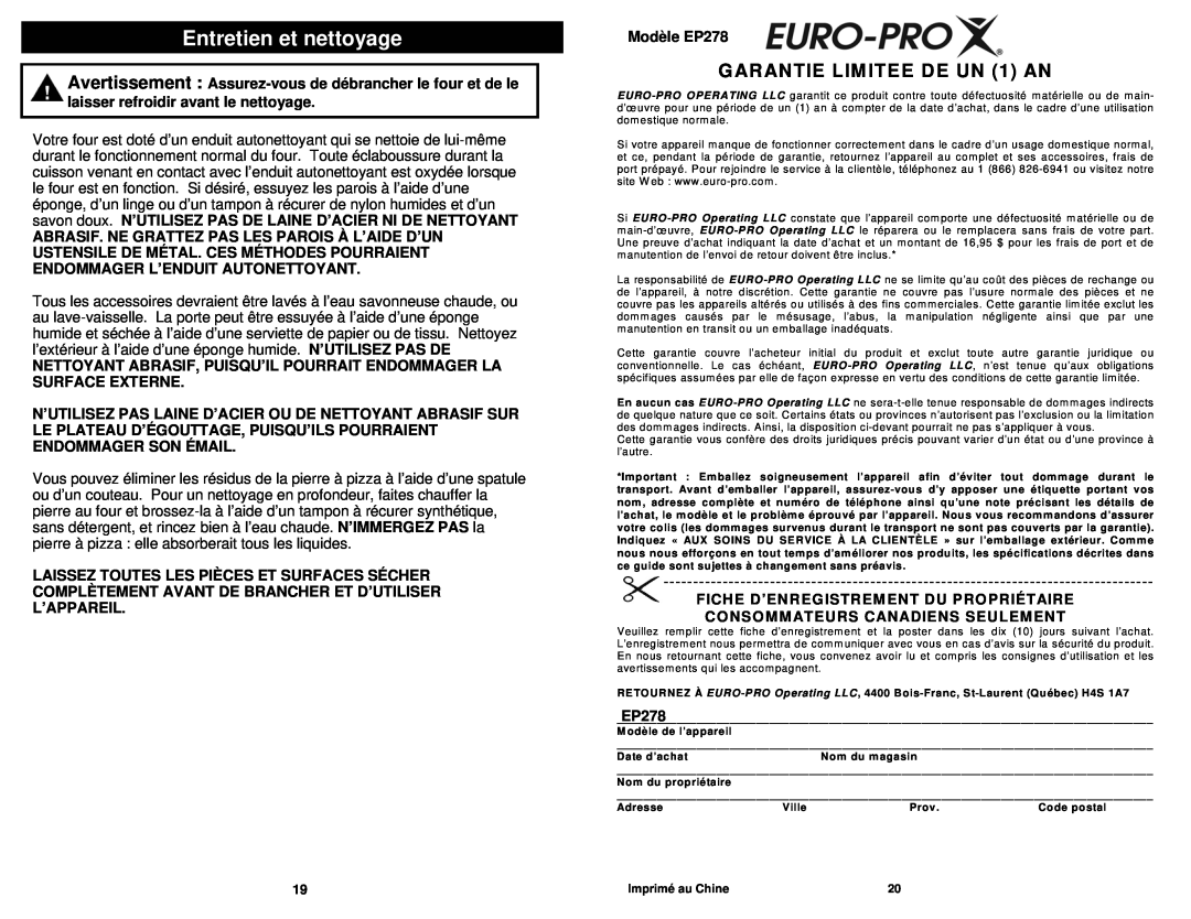 Euro-Pro EP278 owner manual Entretien et nettoyage, GARANTIE LIMITÉE DE UN 1 AN 
