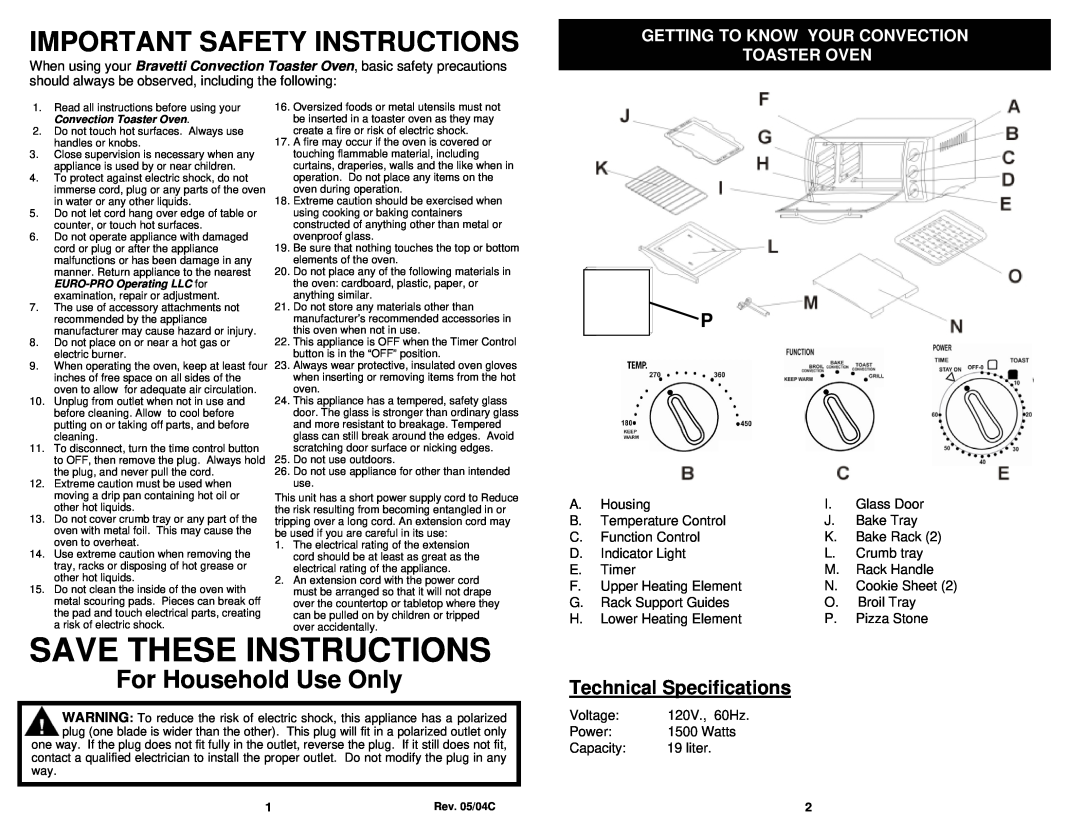 Euro-Pro EP278 owner manual Save These Instructions, For Household Use Only, Important Safety Instructions 