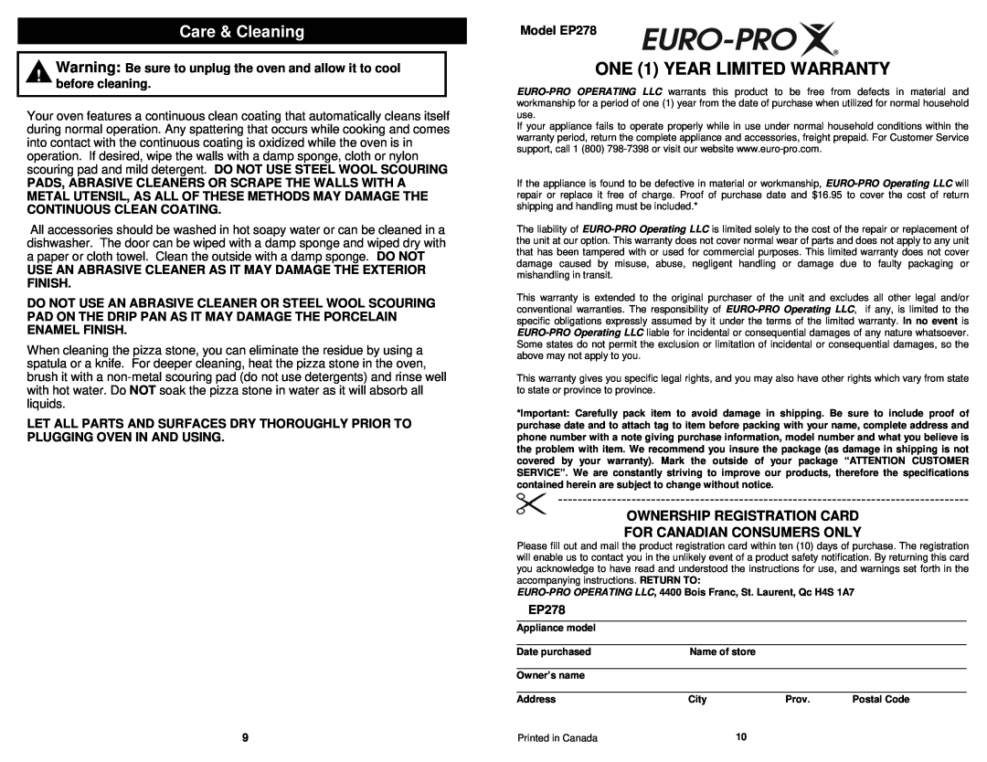 Euro-Pro EP278 ONE 1 YEAR LIMITED WARRANTY, Care & Cleaning, Ownership Registration Card For Canadian Consumers Only 