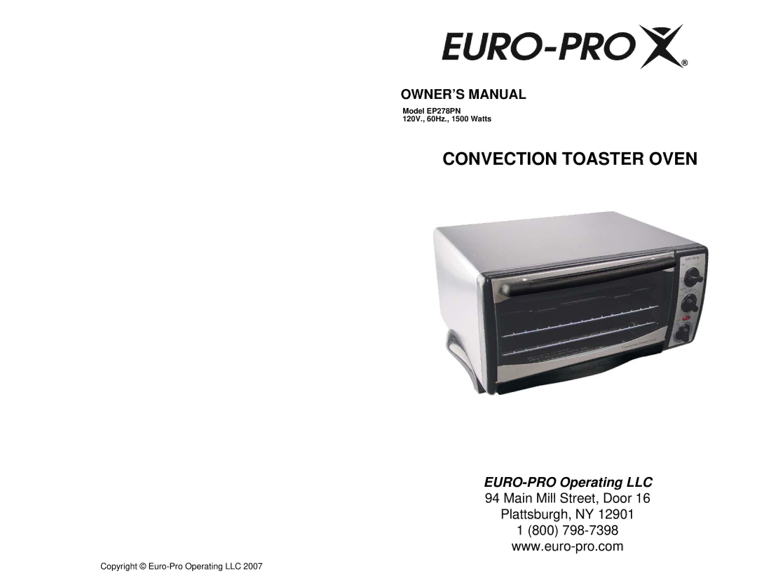 Euro-Pro EP278PN owner manual Convection Toaster Oven 