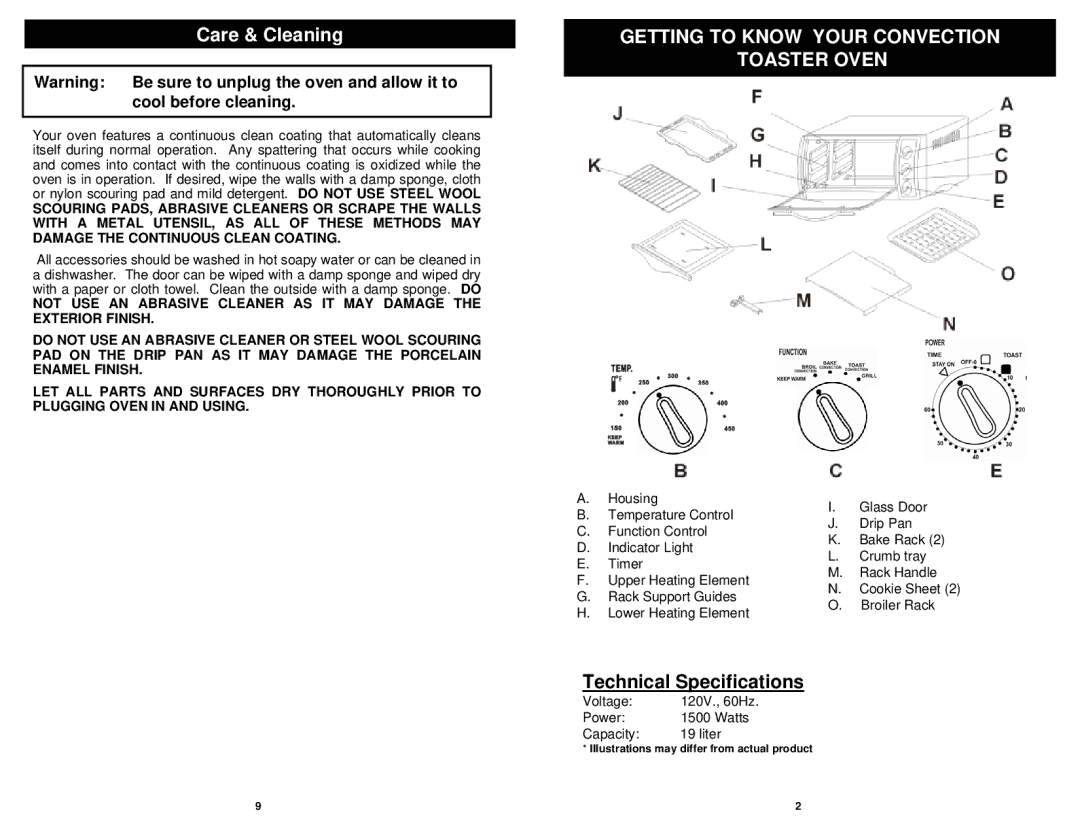 Euro-Pro EP278PN owner manual Care & Cleaning, Technical Specifications 