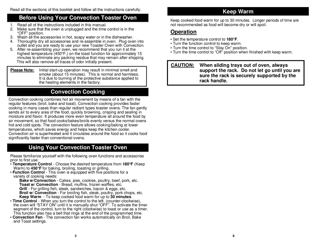 Euro-Pro EP278PN owner manual Before Using Your Convection Toaster Oven, Convection Cooking, Keep Warm, Operation 