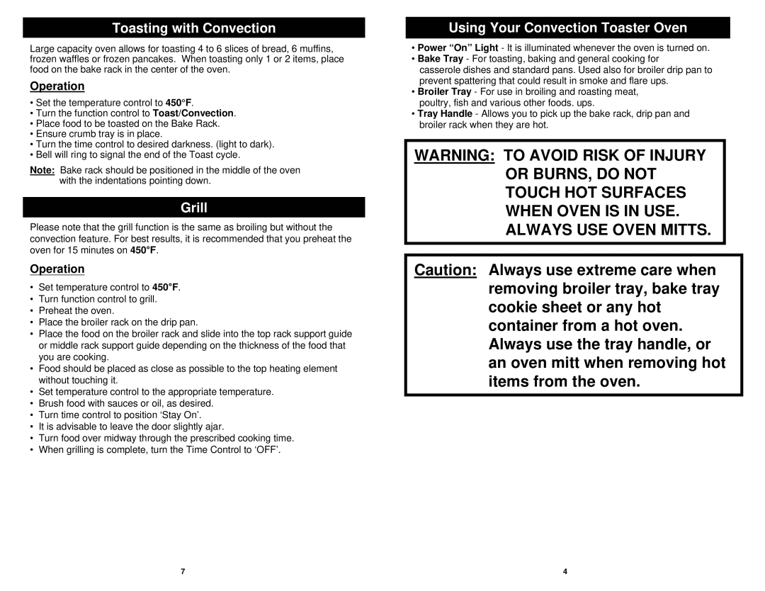 Euro-Pro EP278PN owner manual Toasting with Convection, Grill, Operation 