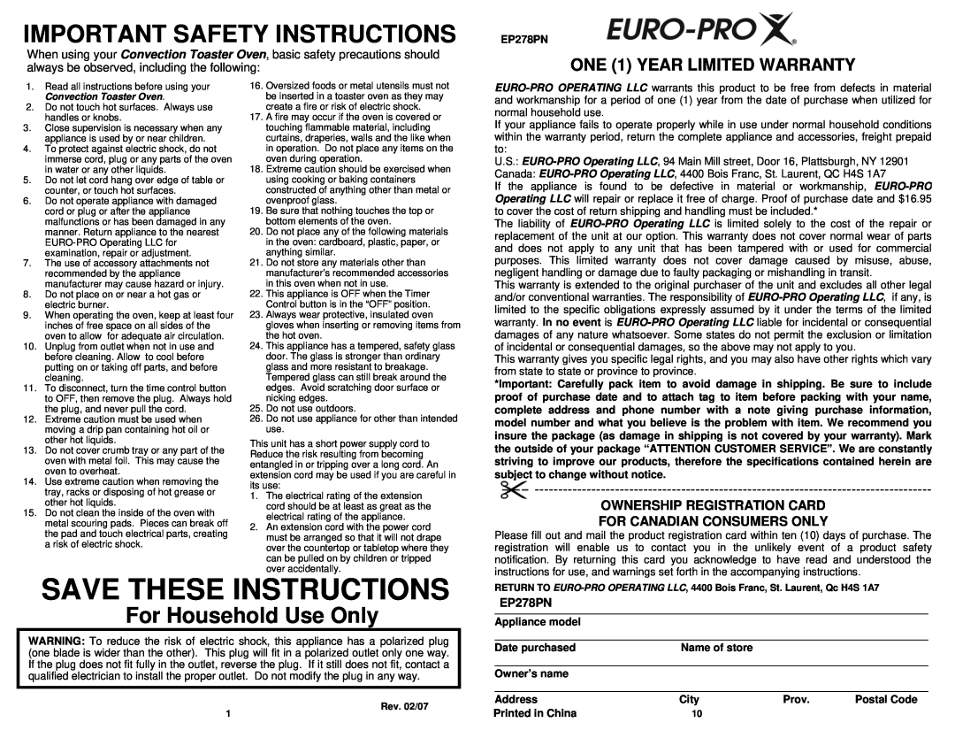 Euro-Pro EP278PN owner manual For Household Use Only, Save These Instructions, Important Safety Instructions 