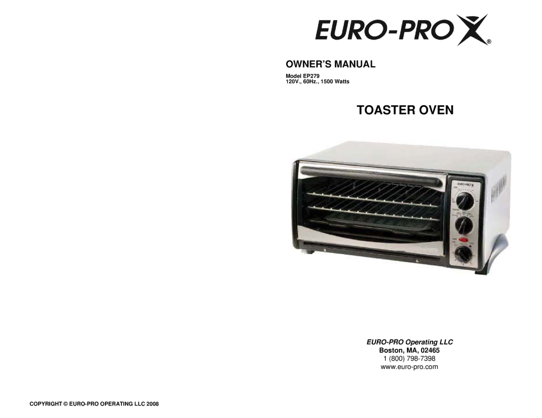 Euro-Pro EP279 owner manual Toaster Oven 