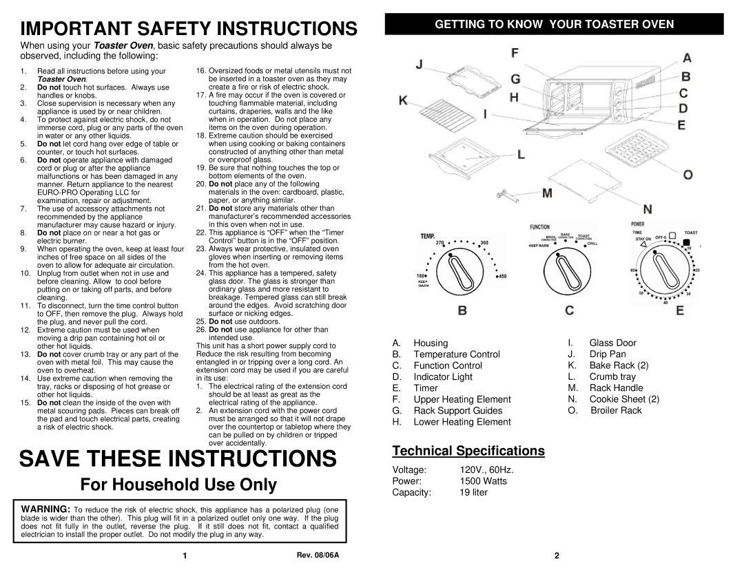 Euro-Pro EP279 owner manual Important Safety Instructions, Technical Specifications 