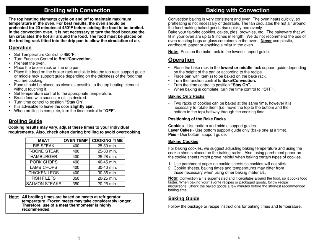 Euro-Pro EP279 owner manual Broiling with Convection, Baking with Convection, Operation 