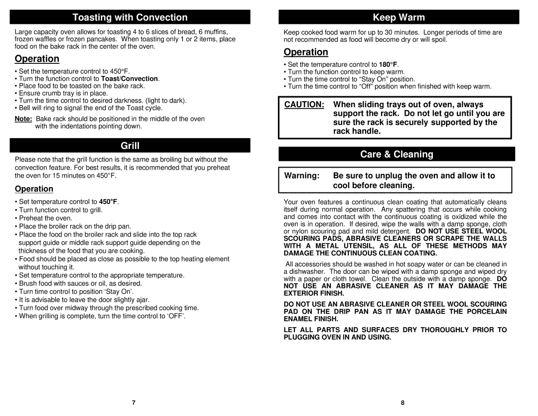 Euro-Pro EP279 owner manual Toasting with Convection, Grill, Keep Warm, Care & Cleaning 