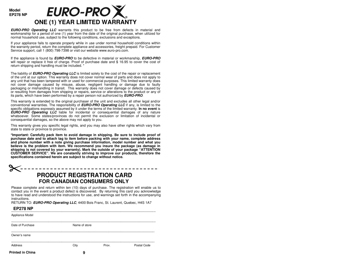 Euro-Pro EP279 owner manual ONE 1 Year Limited Warranty 