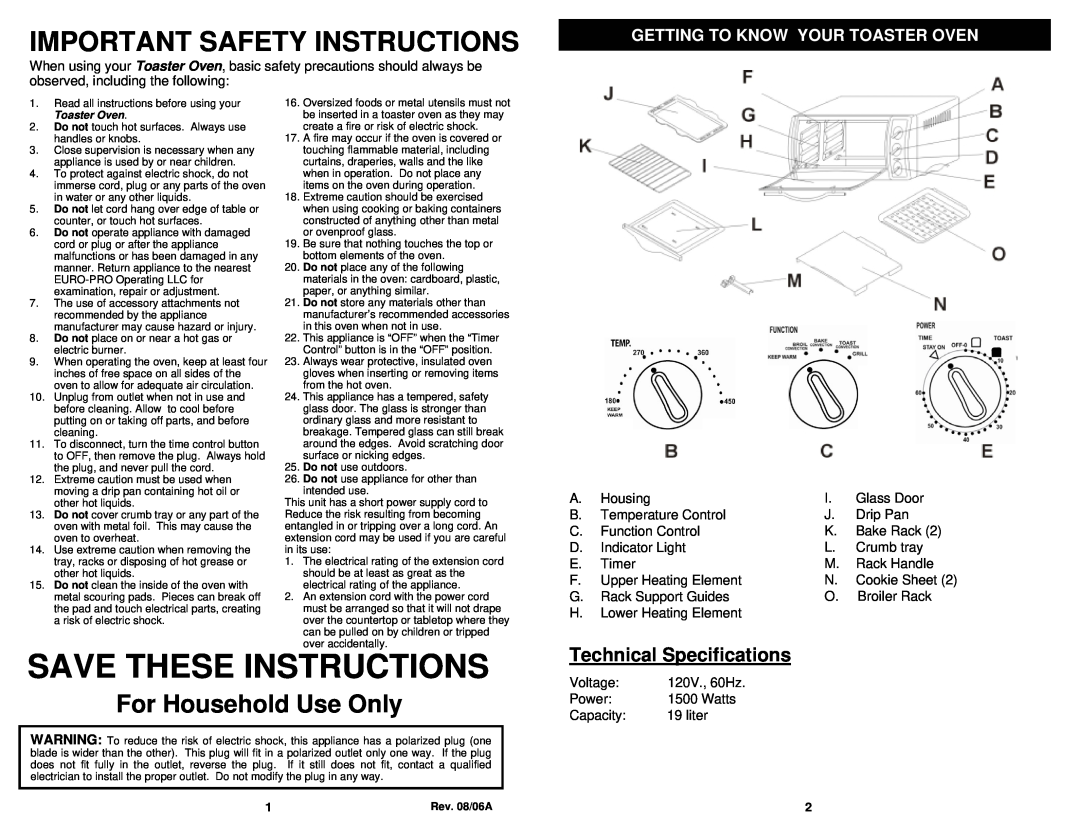 Euro-Pro EP279 For Household Use Only, Save These Instructions, Important Safety Instructions, Technical Specifications 