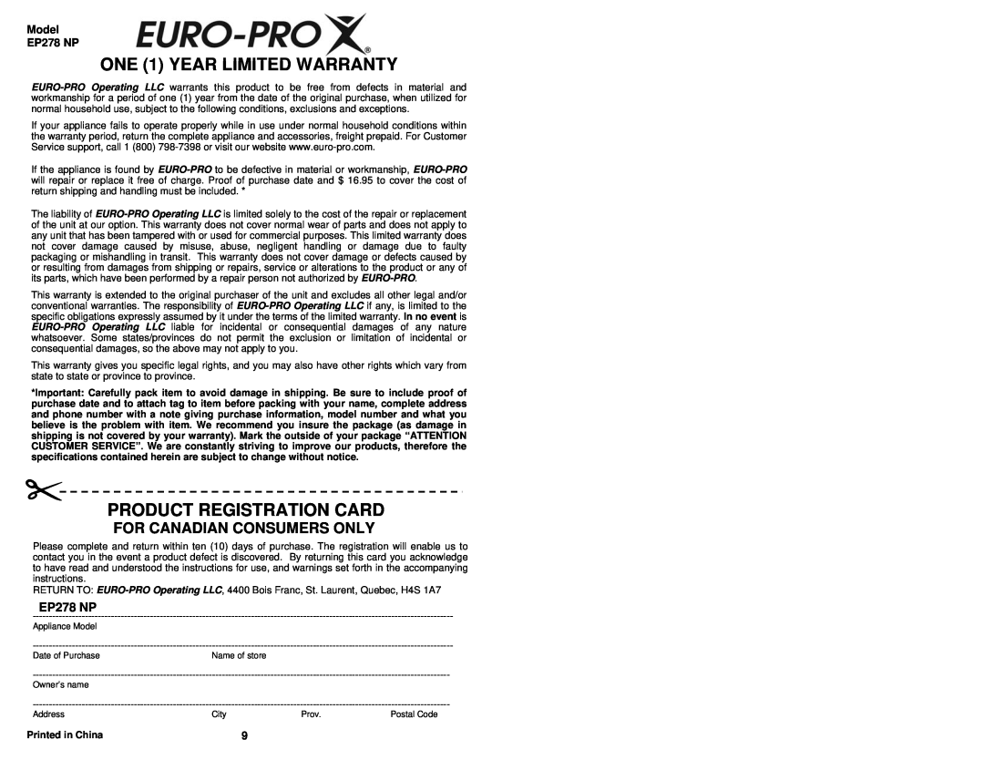 Euro-Pro EP279 ONE 1 YEAR LIMITED WARRANTY, Product Registration Card, For Canadian Consumers Only, Model EP278 NP 