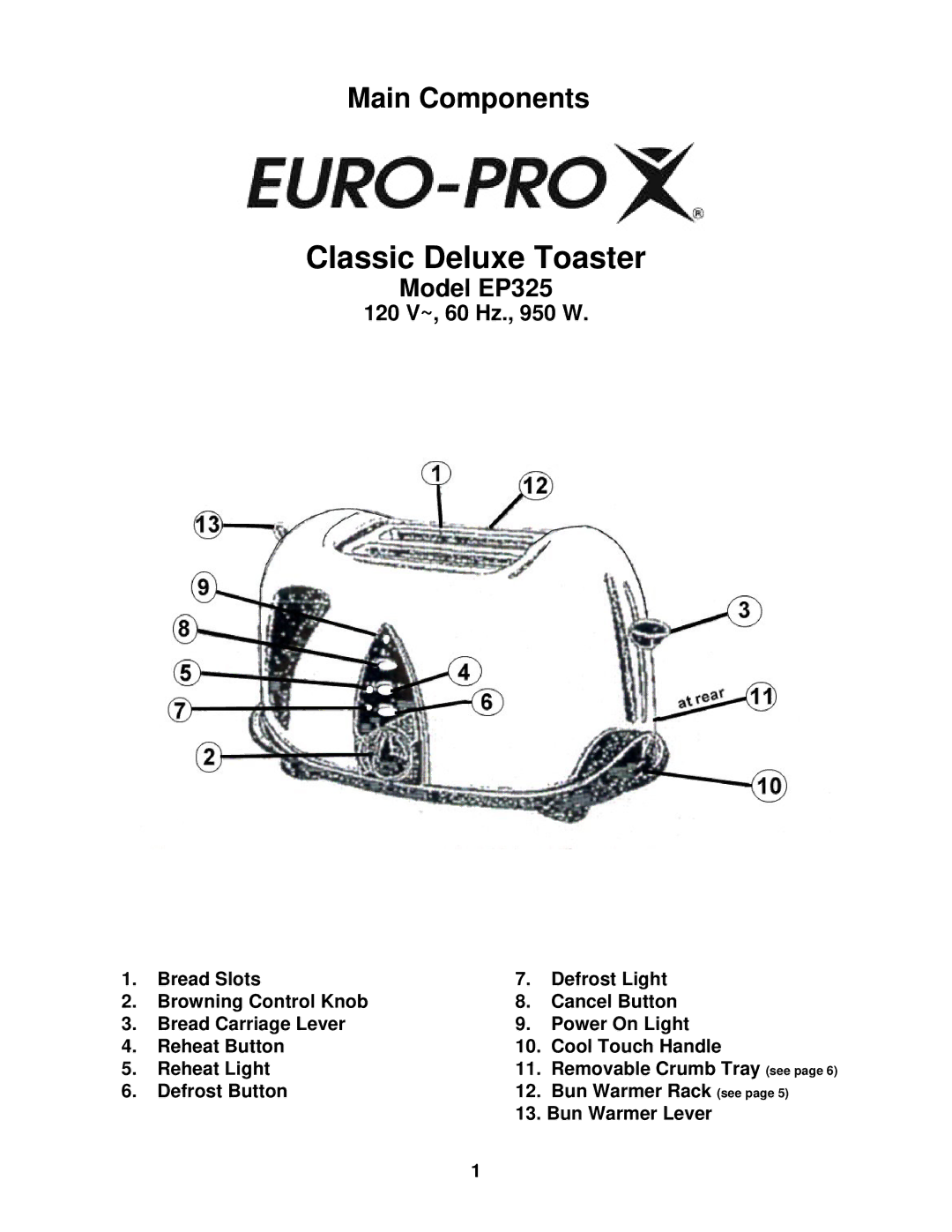 Euro-Pro EP325 warranty Classic Deluxe Toaster 