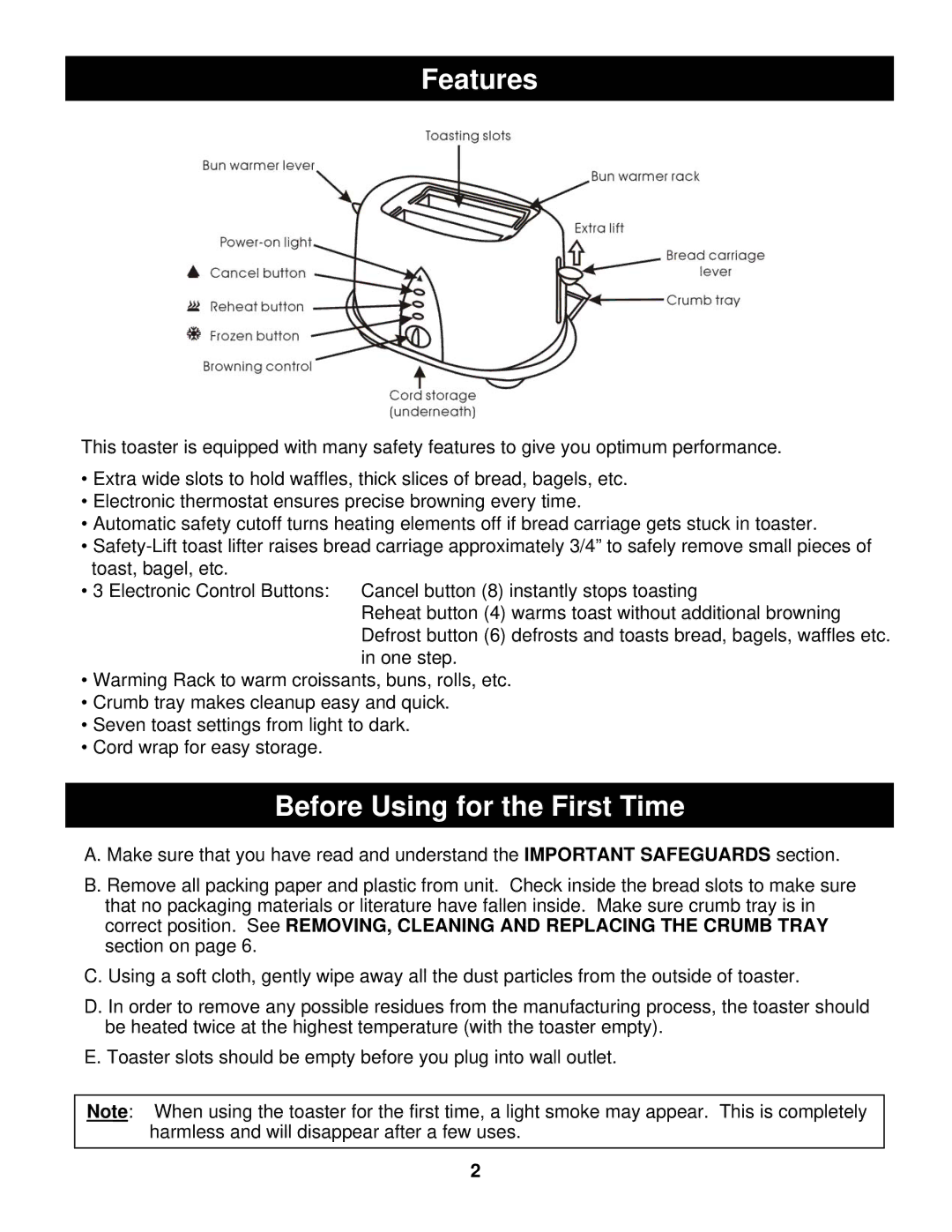 Euro-Pro EP325 warranty Features, Before Using for the First Time 