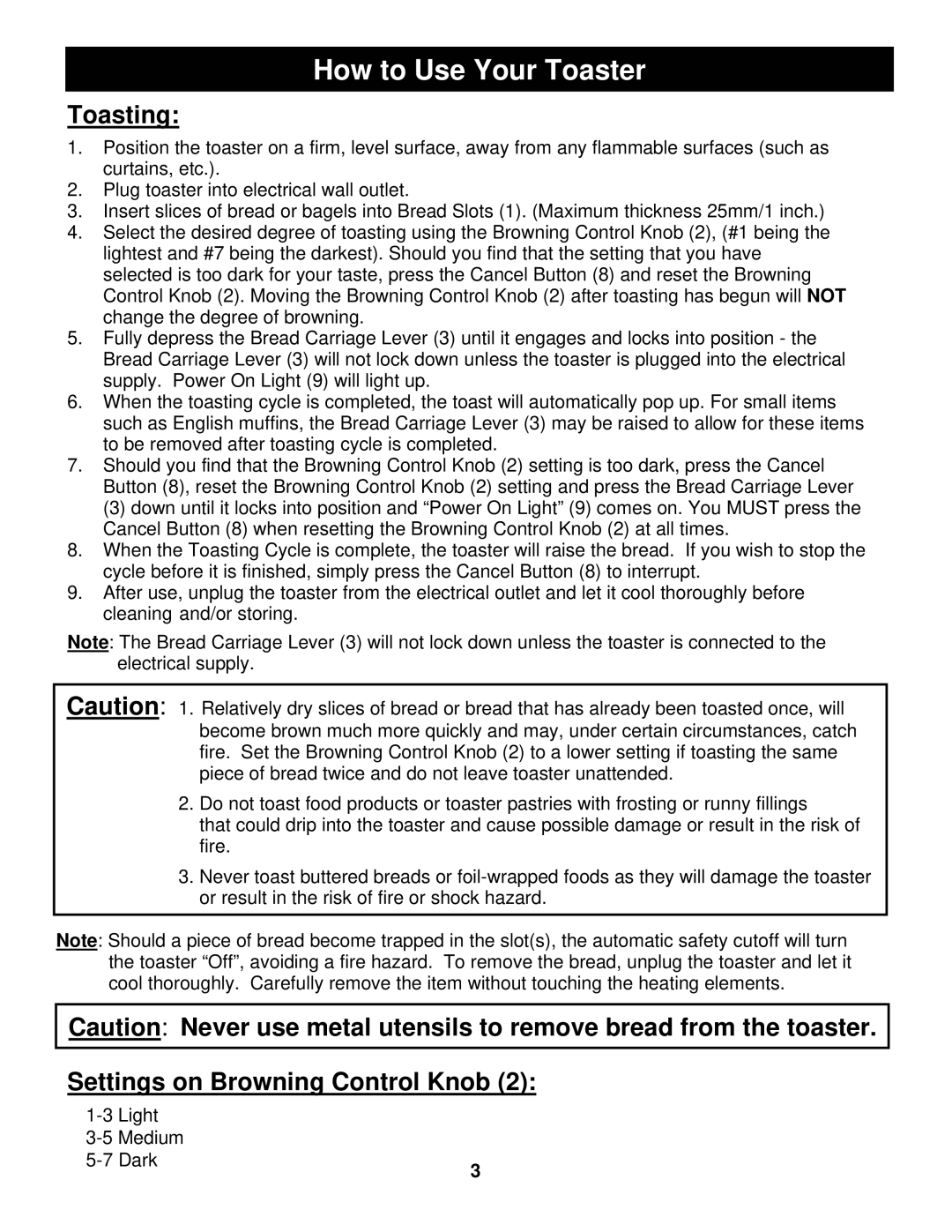 Euro-Pro EP325 warranty How to Use Your Toaster, Toasting, Settings on Browning Control Knob 