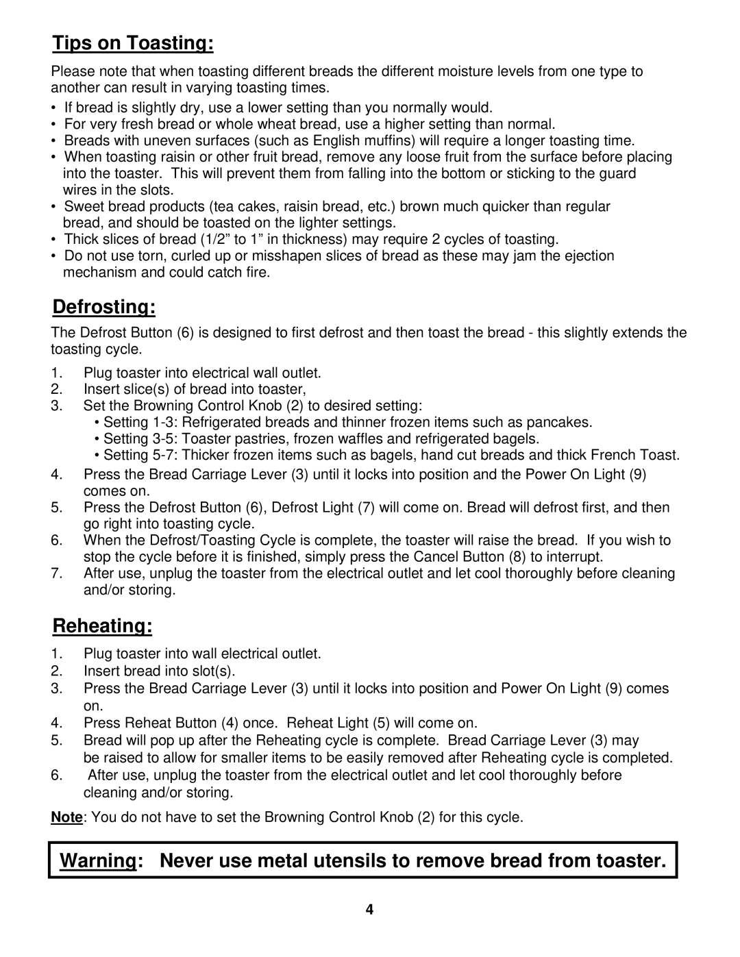 Euro-Pro EP325 warranty Tips on Toasting, Defrosting, Reheating 