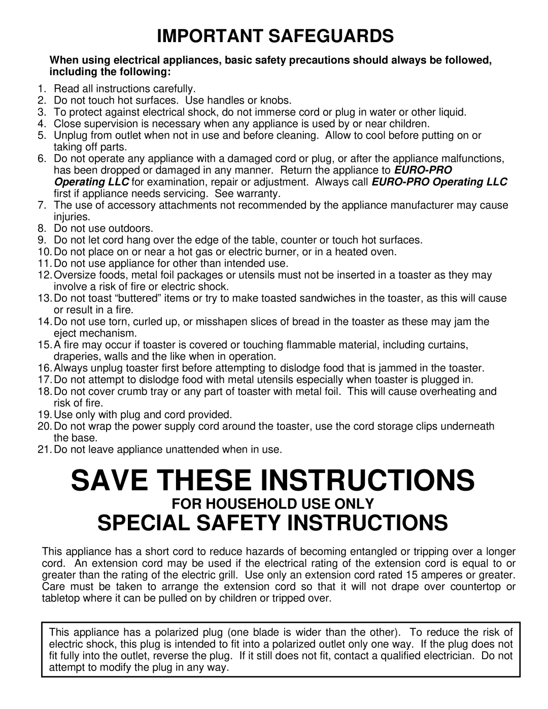 Euro-Pro EP325 warranty Special Safety Instructions, Important Safeguards, For Household Use Only, Save These Instructions 