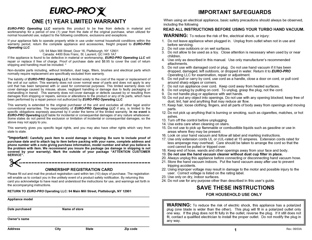 Euro-Pro EP366 manual ONE 1 Year Limited Warranty, Important Safeguards 