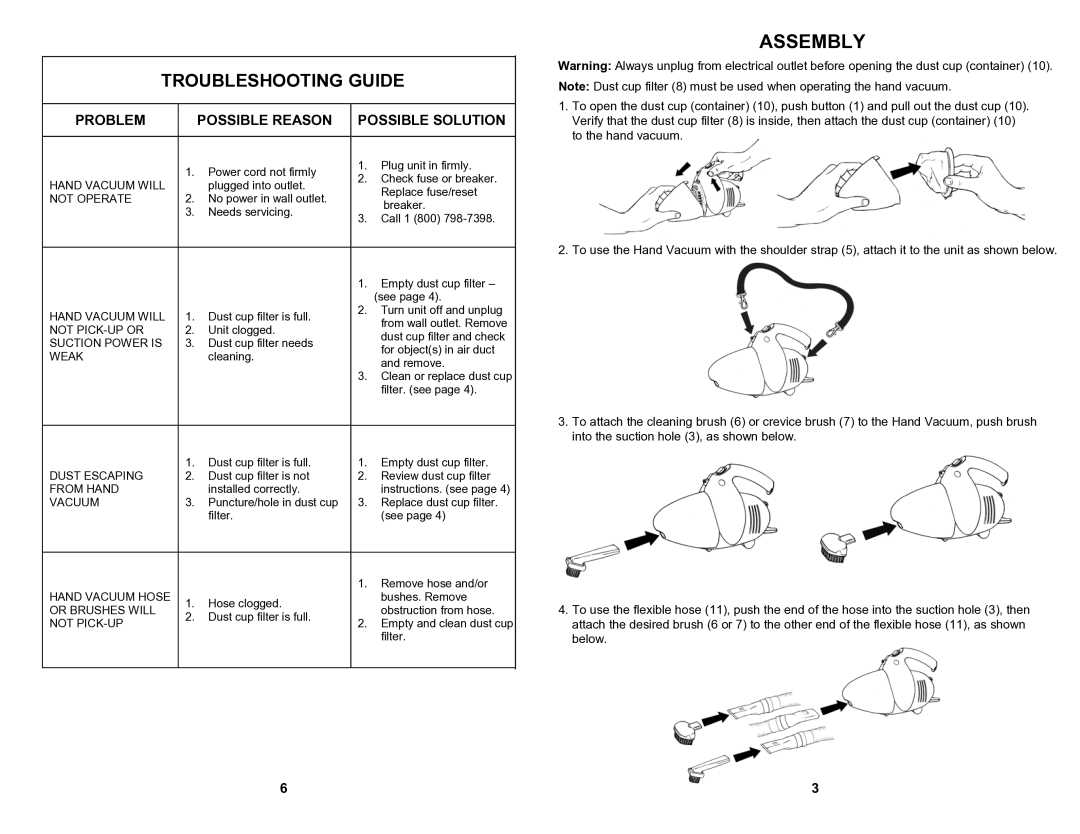 Euro-Pro EP366 manual Assembly, Troubleshooting Guide 