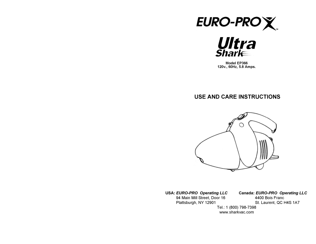 Euro-Pro EP366 manual Use And Care Instructions, USA EURO-PROOperating LLC, Canada EURO-PROOperating LLC, Bois Franc 