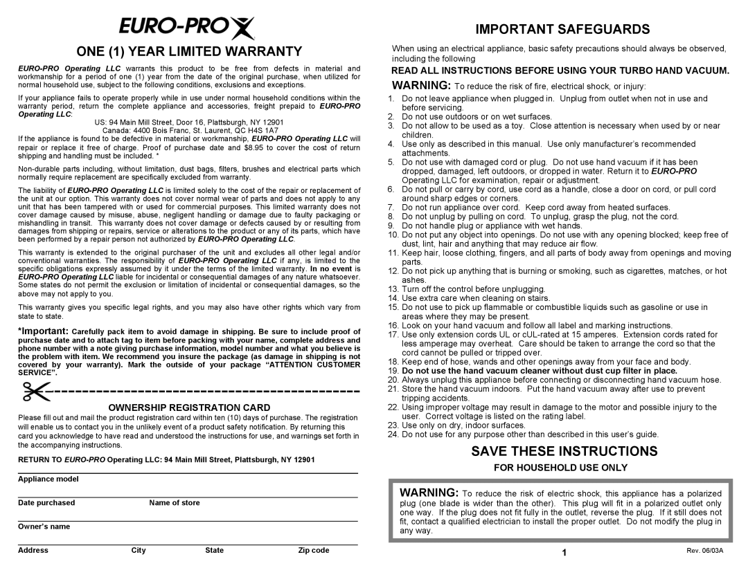 Euro-Pro EP366 ONE 1 YEAR LIMITED WARRANTY, Important Safeguards, Save These Instructions, Ownership Registration Card 