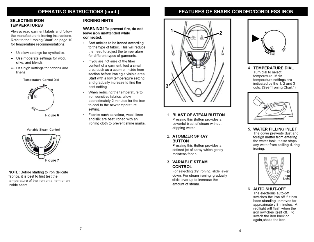 Euro-Pro EP470 owner manual Features of Shark CORDED/CORDLESS Iron 