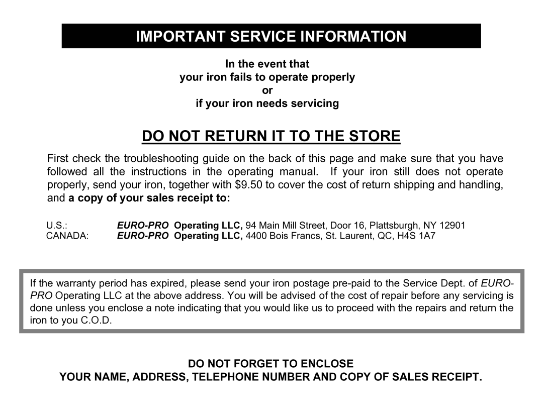 Euro-Pro EP480 warranty Important Service Information, Do not Return IT to the Store 