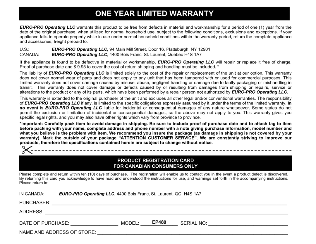 Euro-Pro EP480 warranty ONE Year Limited Warranty 