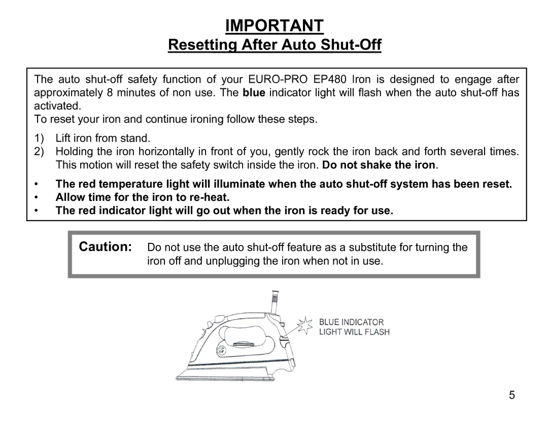 Euro-Pro EP480 warranty Resetting After Auto Shut-Off 