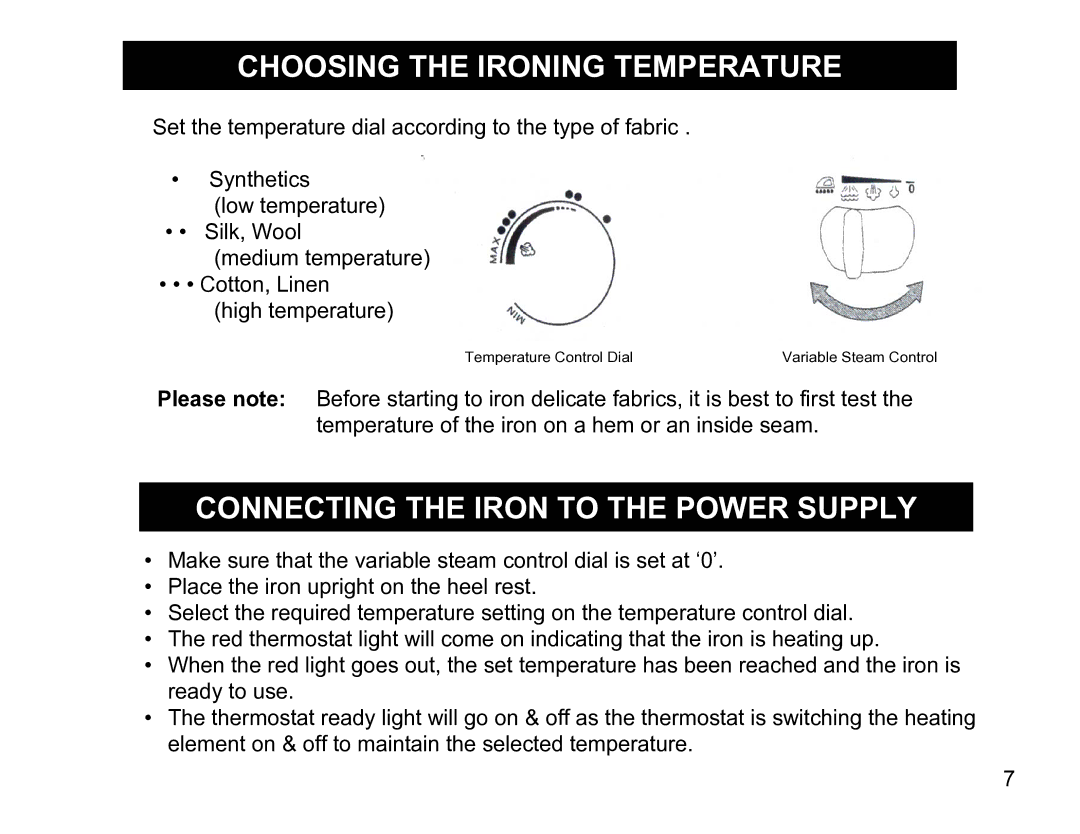 Euro-Pro EP480 warranty Choosing the Ironing Temperature, Connecting the Iron to the Power Supply 