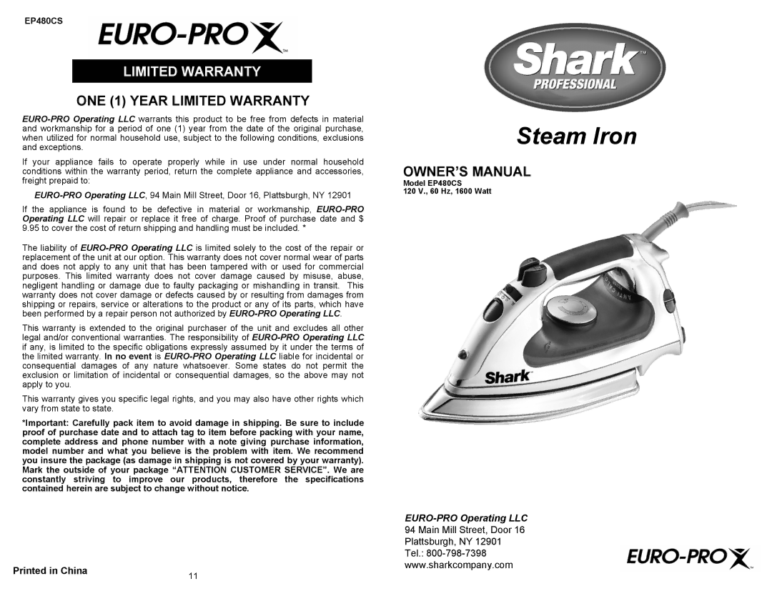 Euro-Pro EP480CS owner manual Steam Iron 