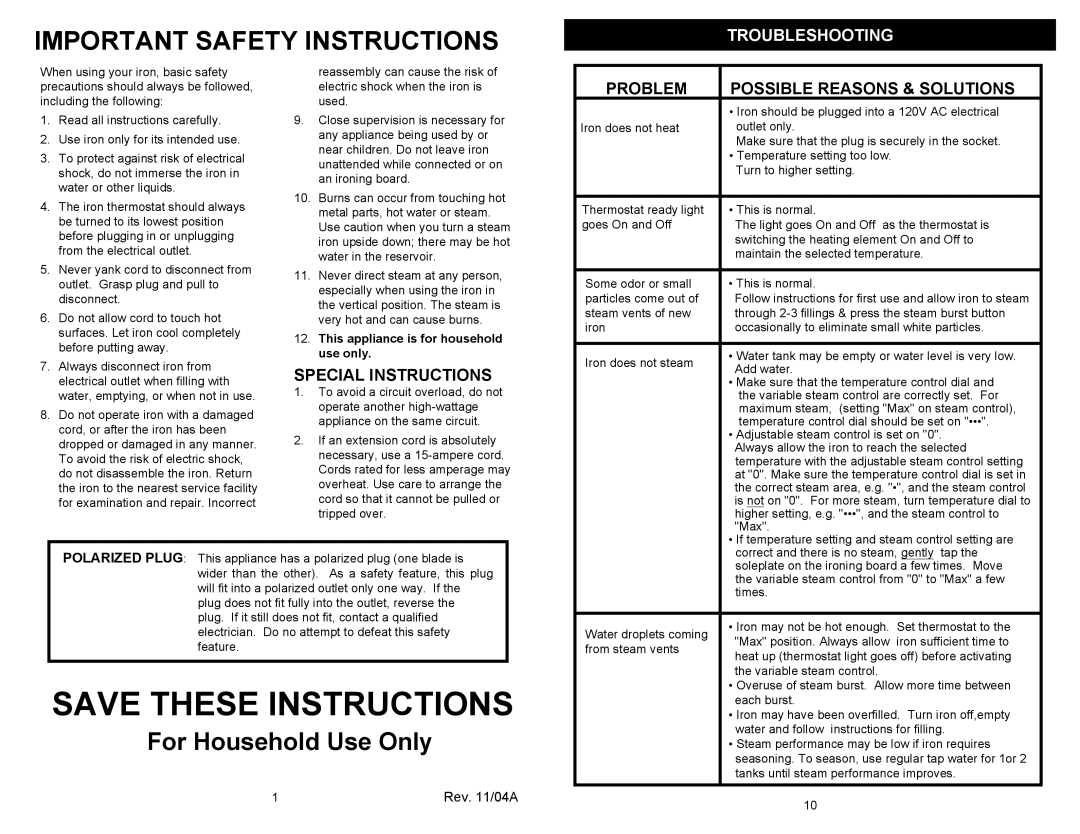 Euro-Pro EP480CS owner manual Important Safety Instructions 