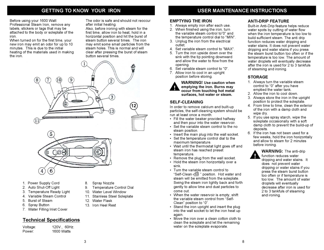 Euro-Pro EP480CS Getting to Know Your Iron User Maintenance Instructions, Emptying the Iron, ANTI-DRIP Feature, Storage 