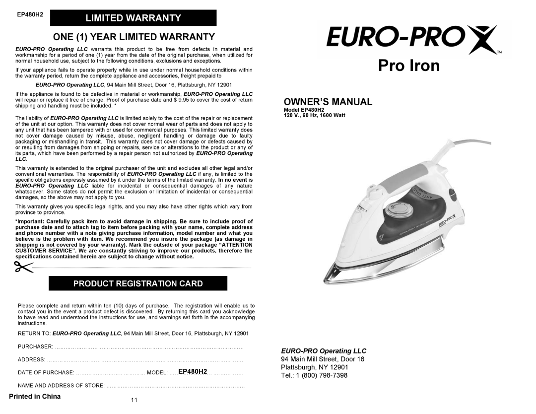 Euro-Pro EP480H2 owner manual ONE 1 Year Limited Warranty, Product Registration Card 