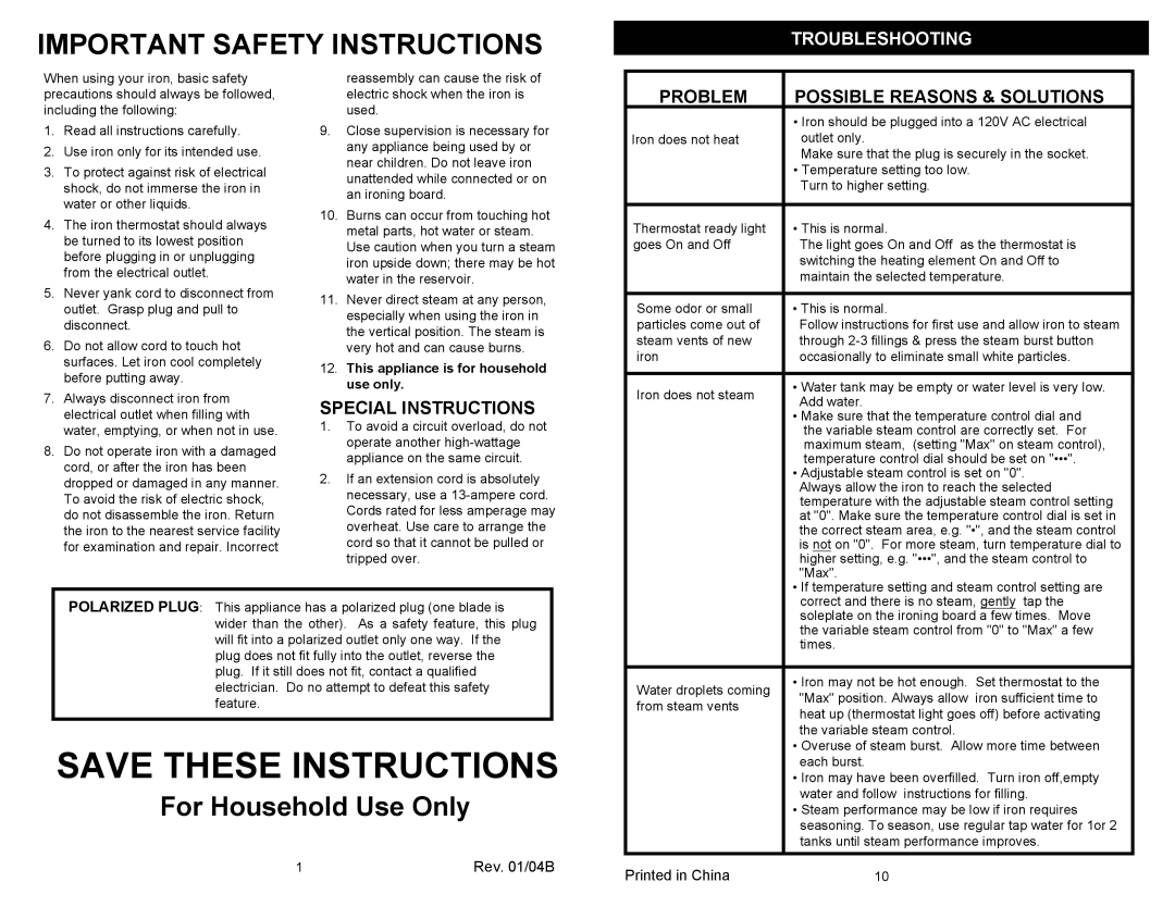 Euro-Pro EP480H2 owner manual Important Safety Instructions 