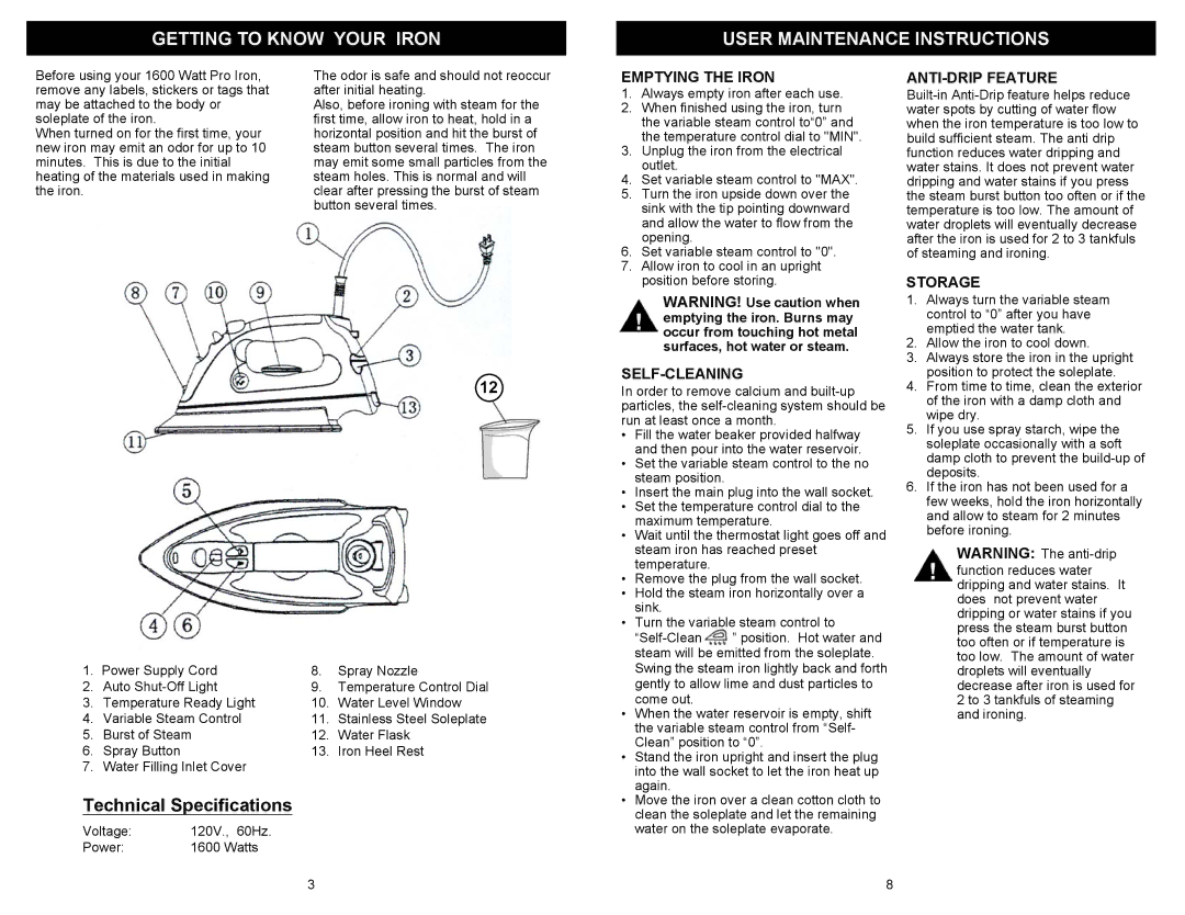 Euro-Pro EP480H2 Getting to Know Your Iron User Maintenance Instructions, Emptying the Iron, ANTI-DRIP Feature, Storage 