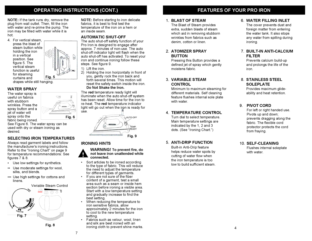 Euro-Pro EP480H2 owner manual Operating Instructions Features of Your PRO Iron 