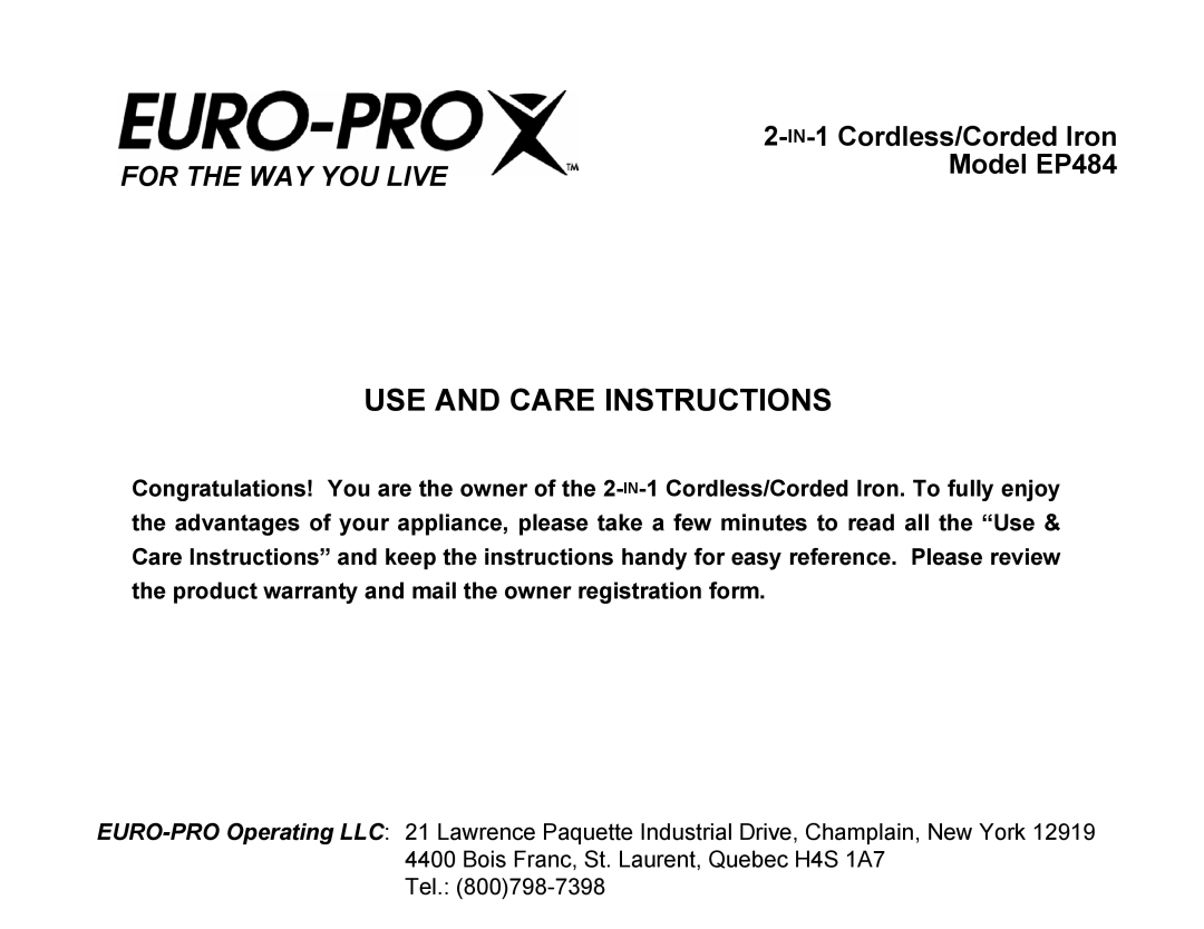 Euro-Pro EP484 warranty USE and Care Instructions 