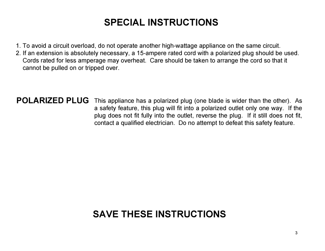 Euro-Pro EP484 warranty Special Instructions 