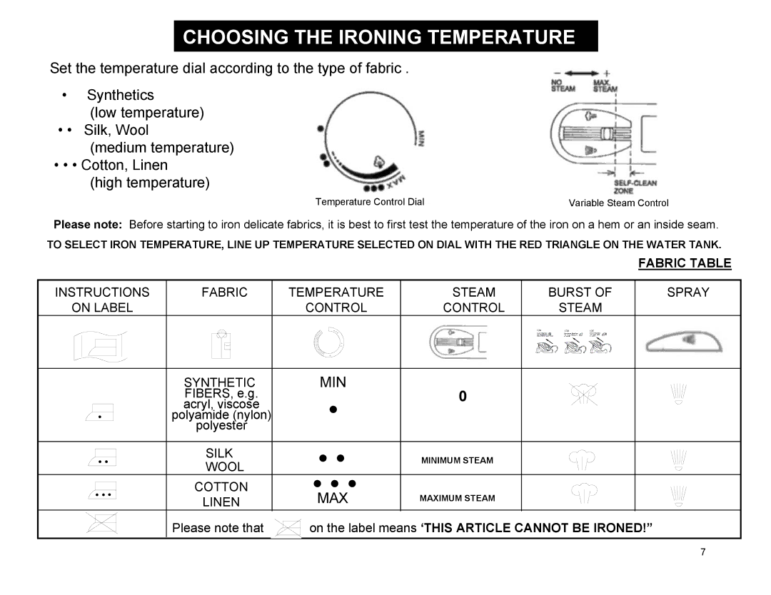 Euro-Pro EP484 warranty Choosing the Ironing Temperature 