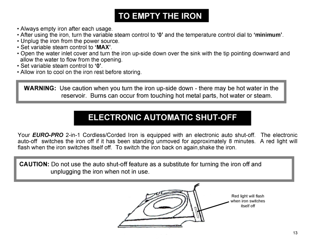 Euro-Pro EP485 warranty To Empty the Iron, Electronic Automatic SHUT-OFF 