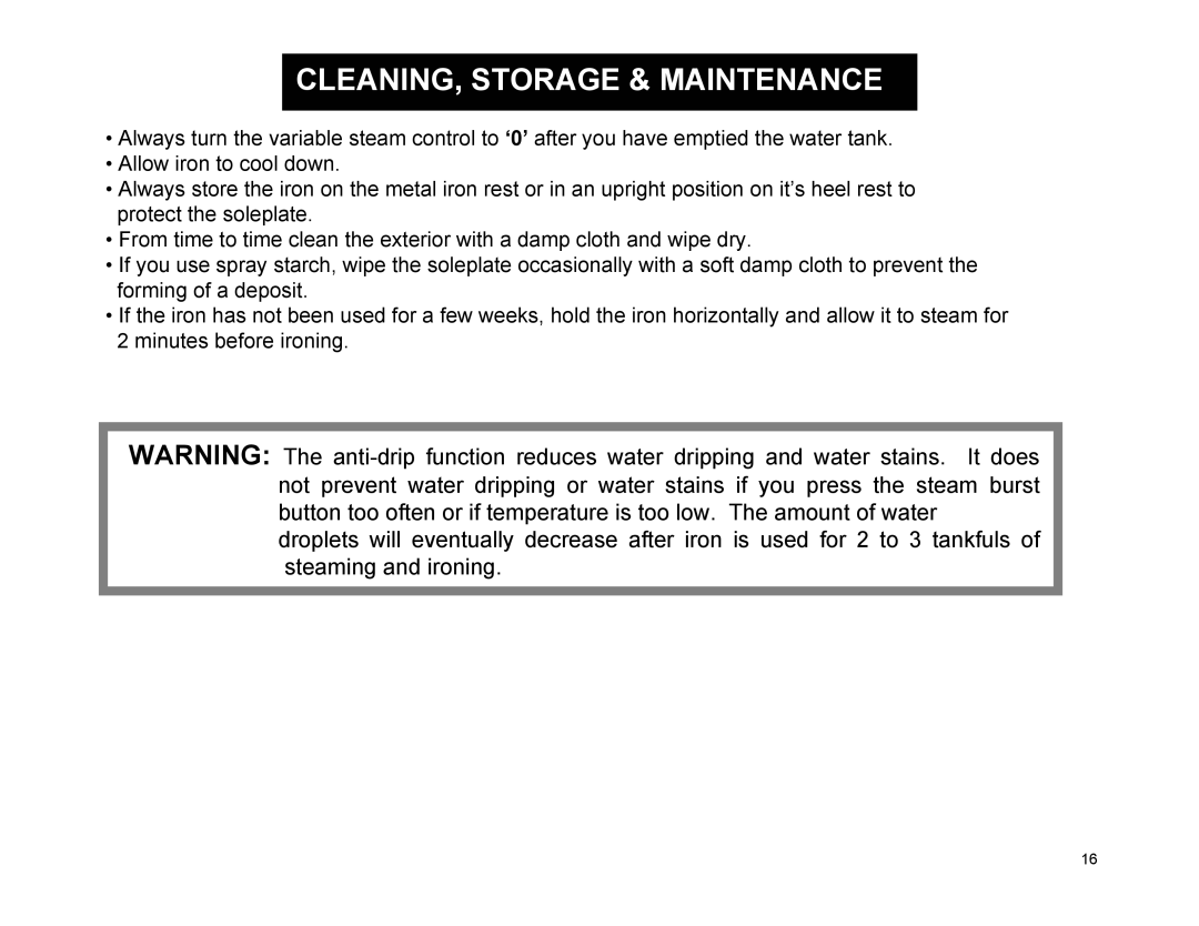 Euro-Pro EP485 warranty CLEANING, Storage & Maintenance 