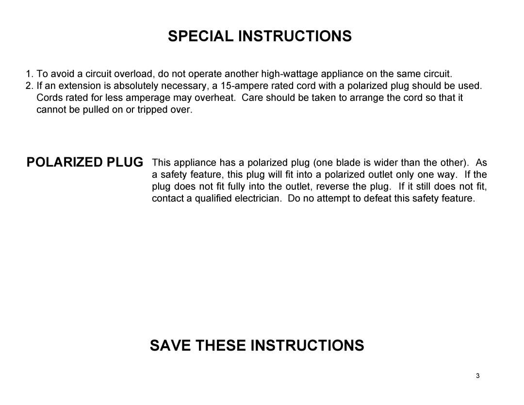 Euro-Pro EP485 warranty Special Instructions 