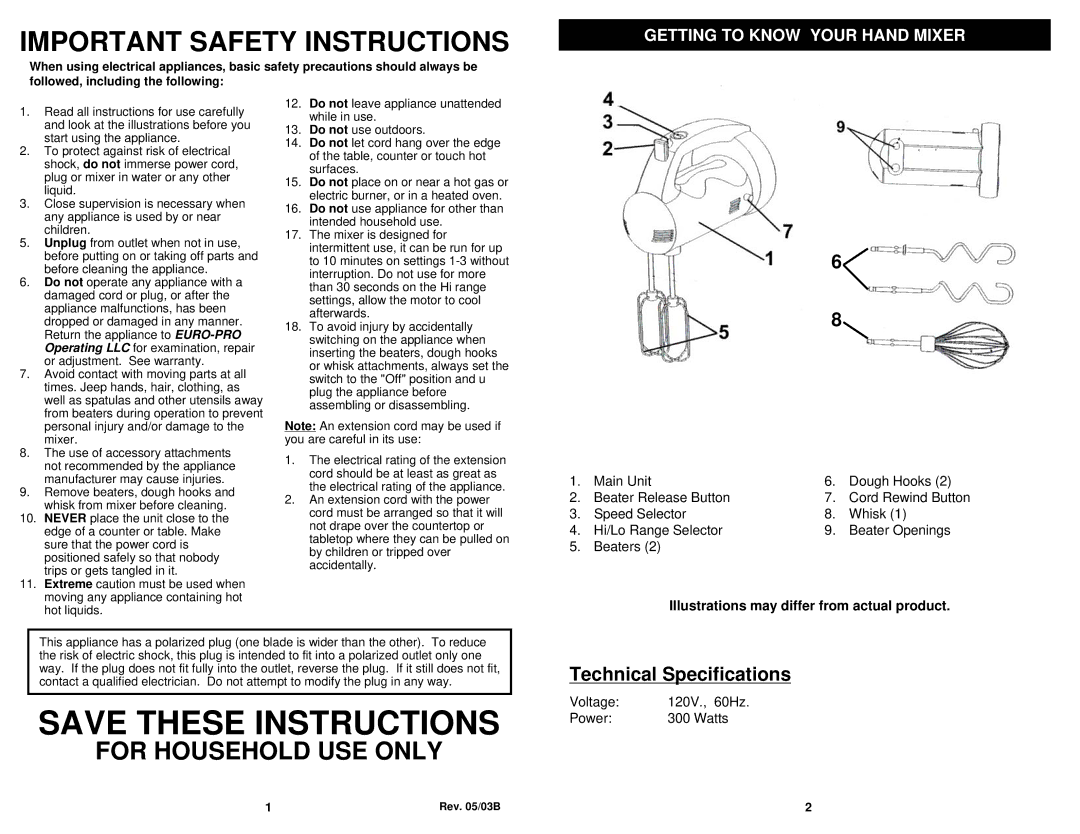 Euro-Pro EP546 owner manual Getting to Know Your Hand Mixer, Illustrations may differ from actual product 