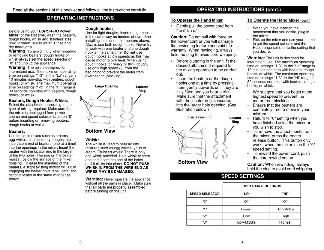 Euro-Pro EP546 owner manual Operating Instructions, Bottom View, Speed Settings 