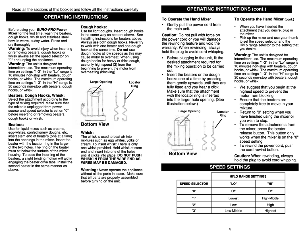 Euro-Pro EP546 OPERATING INSTRUCTIONS cont, Operating Instructions, Bottom View, Speed Settings, To Operate the Hand Mixer 