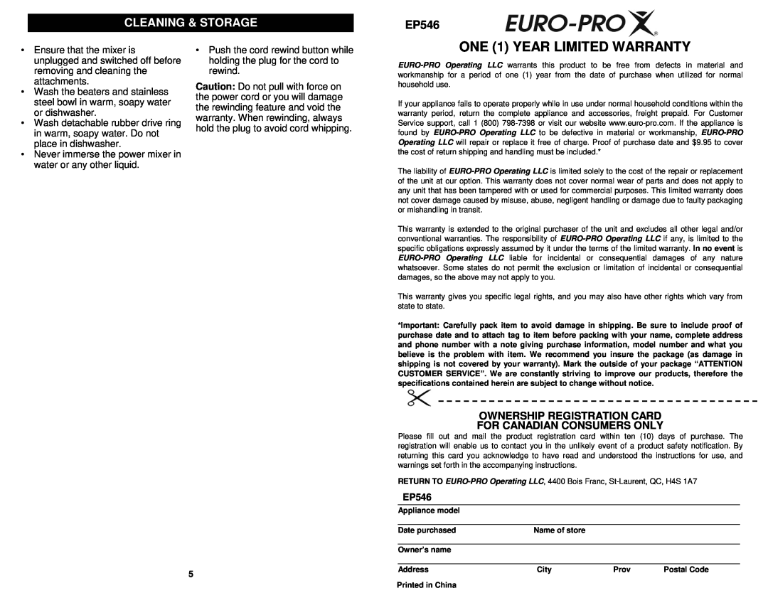 Euro-Pro EP546 ONE 1 YEAR LIMITED WARRANTY, Cleaning & Storage, Ownership Registration Card For Canadian Consumers Only 