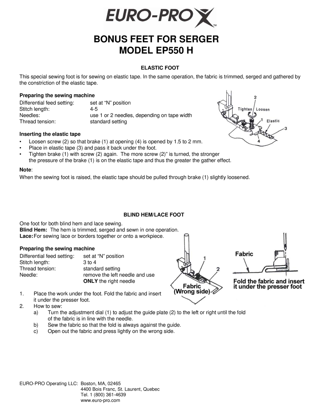 Euro-Pro manual Bonus Feet for Serger Model EP550 H, Elastic Foot, Preparing the sewing machine, Blind HEM/LACE Foot 