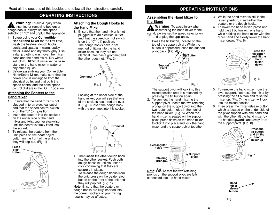 Euro-Pro EP585 Operating Instructions, Assembling the Hand Mixer to, Attaching the Beaters to the Hand Mixer, Stand 